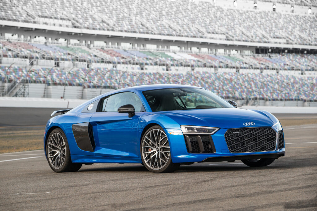 blue 2017 Audi R8 V10 front-three quarter shot