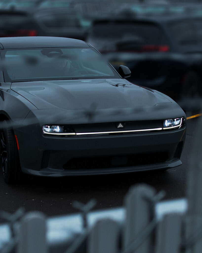 The headlights of the new Dodge Charger EV
