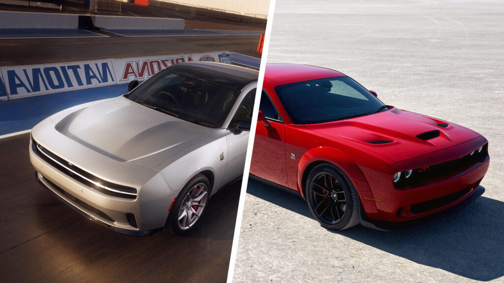 2024 Dodge Charger Coupe and 2023 Dodge Challenger split image